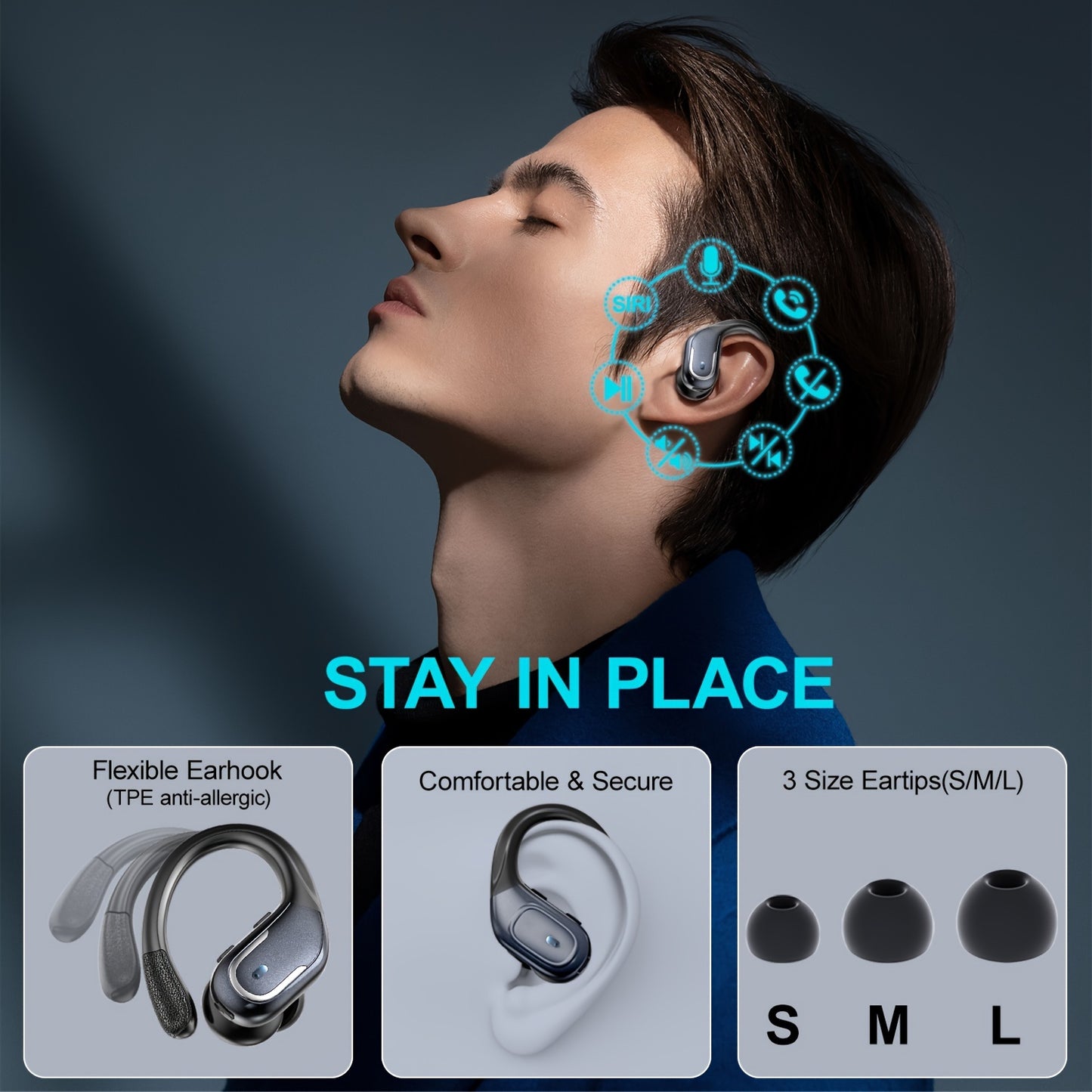 Secure-Fit Sport Earbuds with Ear Hooks, Pure Bass & LED Power Display