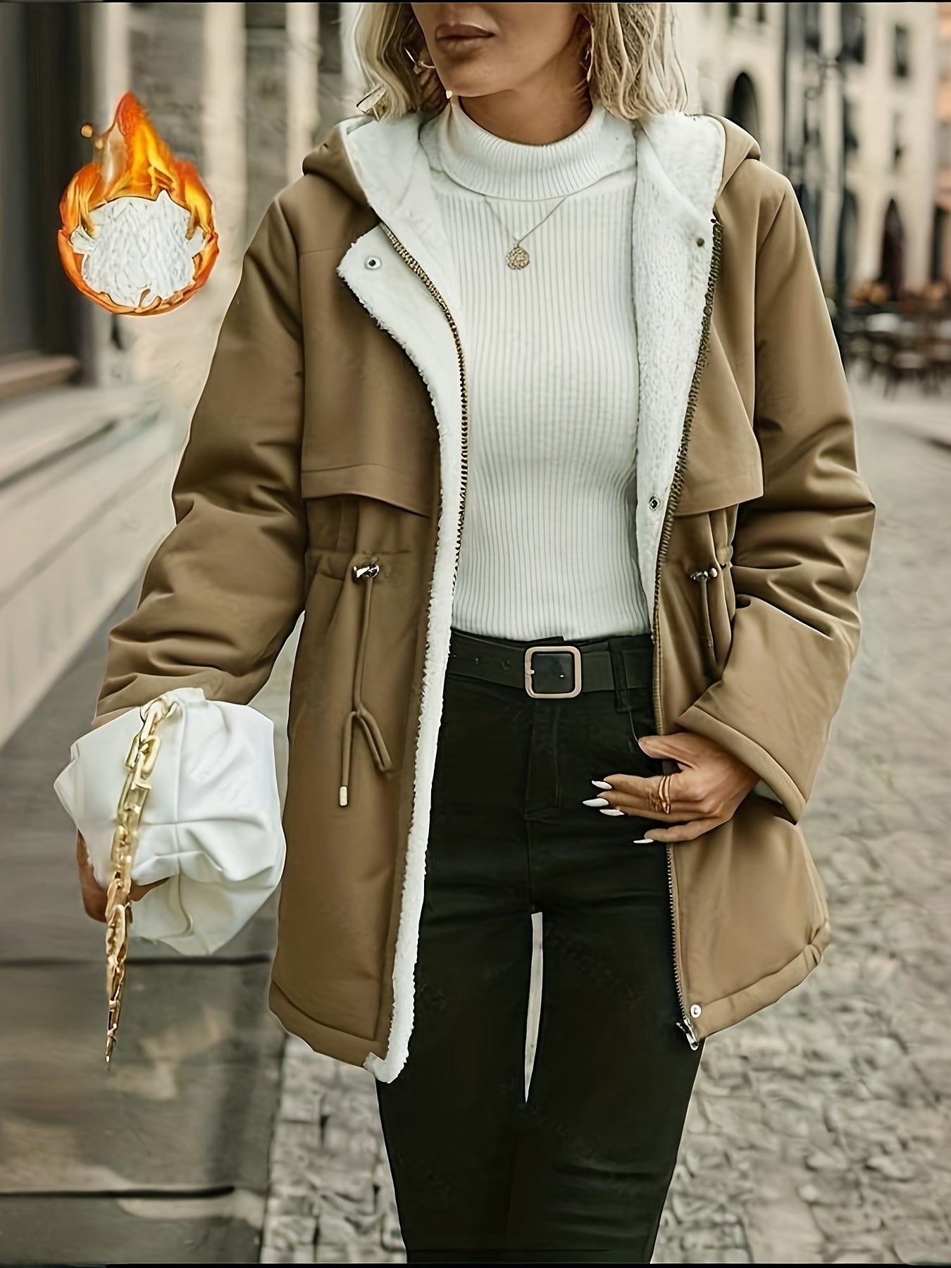 Women's Hooded Fleece Coat | Winter Jacket with Drawstring Waist