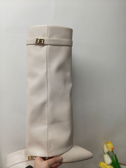 Women's Pointed Toe High Heel Boots with Metal Buckle