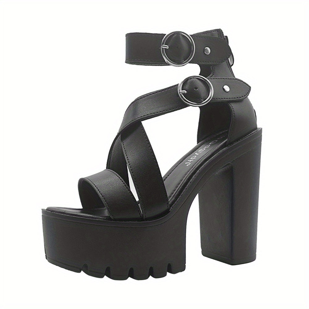 Women's Chunky Platform Pumps with Cross Strap &amp; Back Zipper