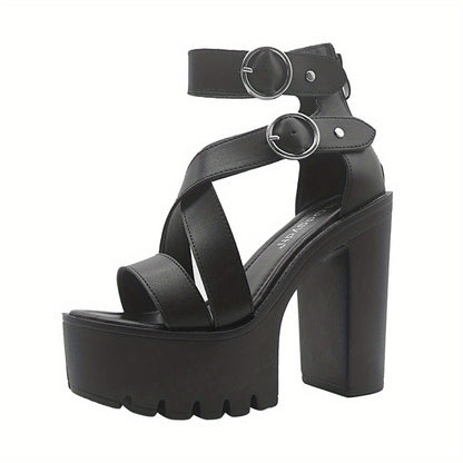 Women's Chunky Platform Pumps with Cross Strap &amp; Back Zipper