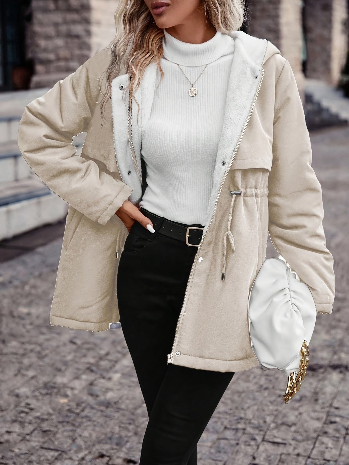 Women's Hooded Fleece Coat | Winter Jacket with Drawstring Waist