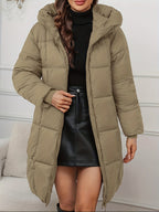 Long Hooded Winter Coat - Lightweight Jacket with Full Zip & Pockets