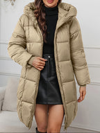 Long Hooded Winter Coat - Lightweight Jacket with Full Zip & Pockets