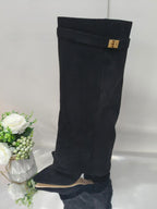 Women's Pointed Toe High Heel Boots with Metal Buckle
