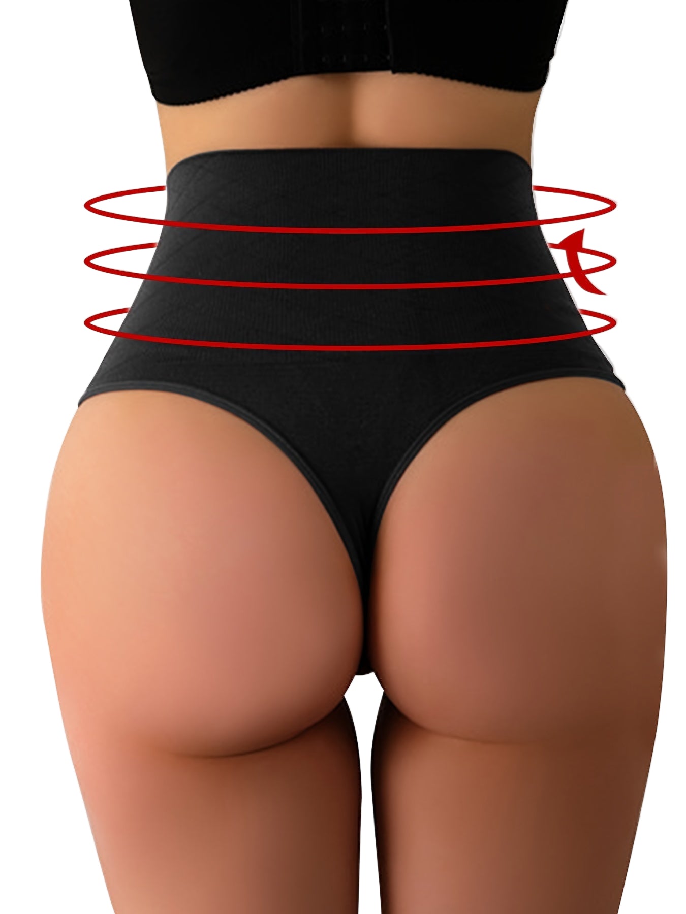 Black underwear with red lines indicating waistband fit on a neutral background