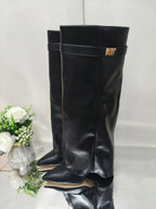 Women's Pointed Toe High Heel Boots with Metal Buckle