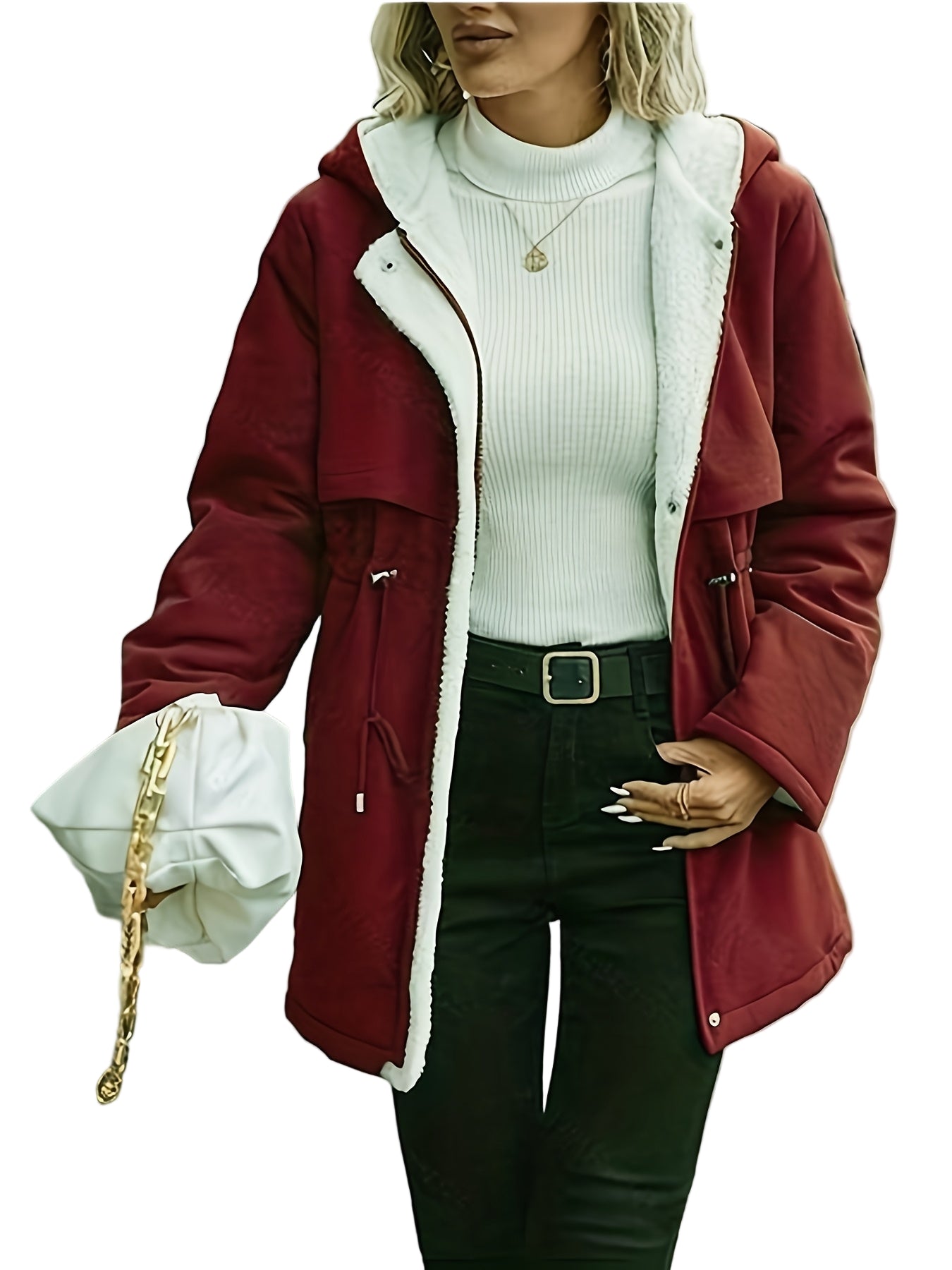 Person wearing a red coat with white lining, white sweater, black pants, and gold handbag on a blurred street background.