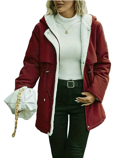 Person wearing a red coat with white lining, white sweater, black pants, and gold handbag on a blurred street background.