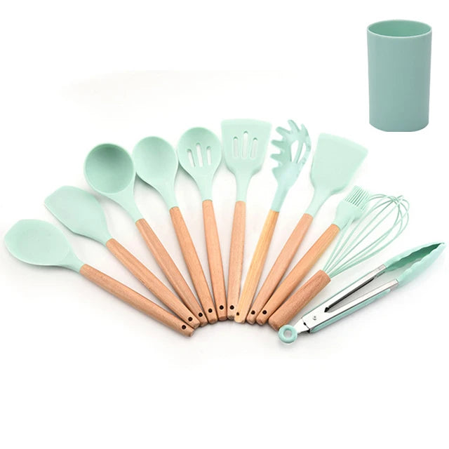 Huabao 13-Piece Premium Silicone &amp; Wood Utensil Set