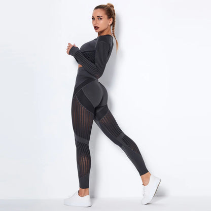 Long Sleeve Workout Set - Crop Top & High-Waist Tights