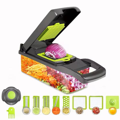 Multifunctional vegetable chopper with various attachments on a white background