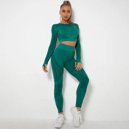 Long Sleeve Workout Set - Crop Top & High-Waist Tights