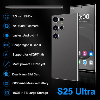 2025 Online Retailer Ultra Original Unlock 7.3 Inch 12GB+512GB Android 5G Smartphone S25 8000mAh S-Pen 4G 5G WIFI Mobile Phones