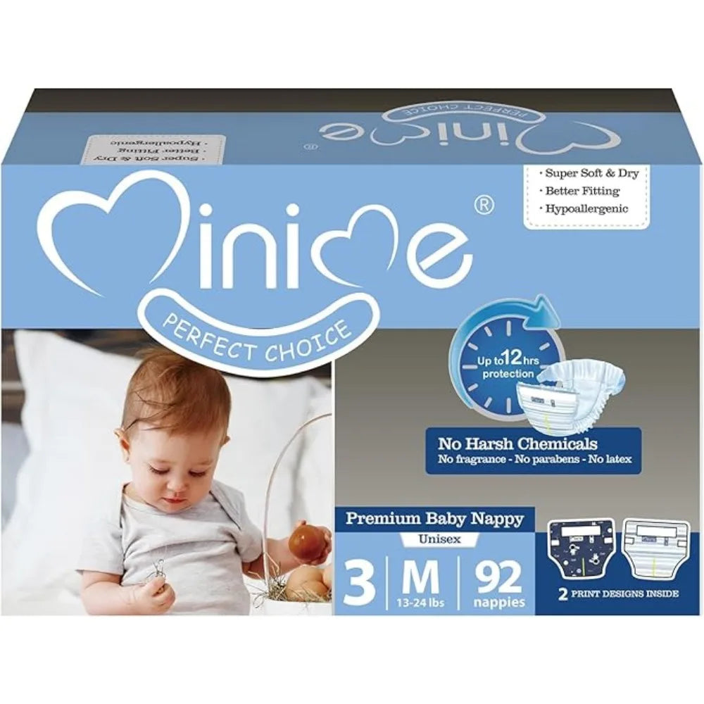 Minime Baby Diapers - Size 3 (13-24 Lbs), Medium, 46 /92Count, Premium Ultra Soft Disposable Baby Diapers, Hypoallergenic