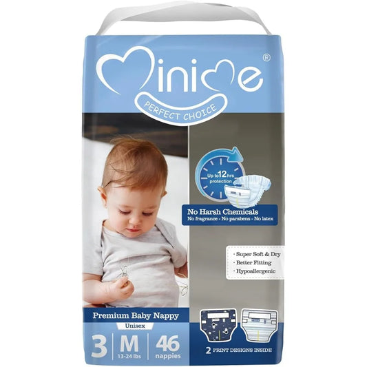Minime Baby Diapers - Size 3 (13-24 Lbs), Medium, 46 /92Count, Premium Ultra Soft Disposable Baby Diapers, Hypoallergenic