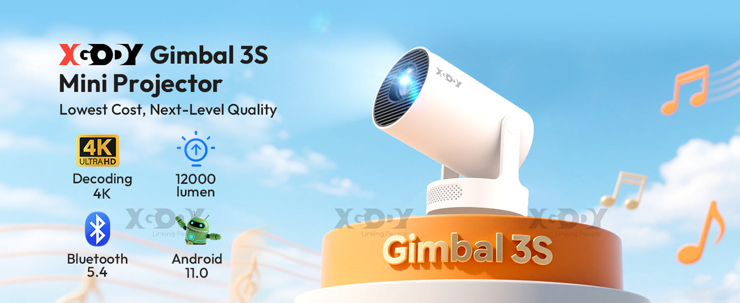 XGODY Gimbal 3S Short-Throw Projector | 720P HD, 250 ANSI Lumens, Android 11 with WiFi 6