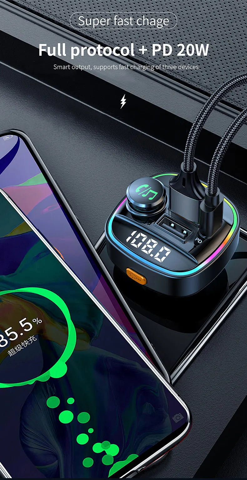 Bluetooth 5.0 FM Transmitter for Car, 22.5W Super Fast Charging & PD 20W Adapter