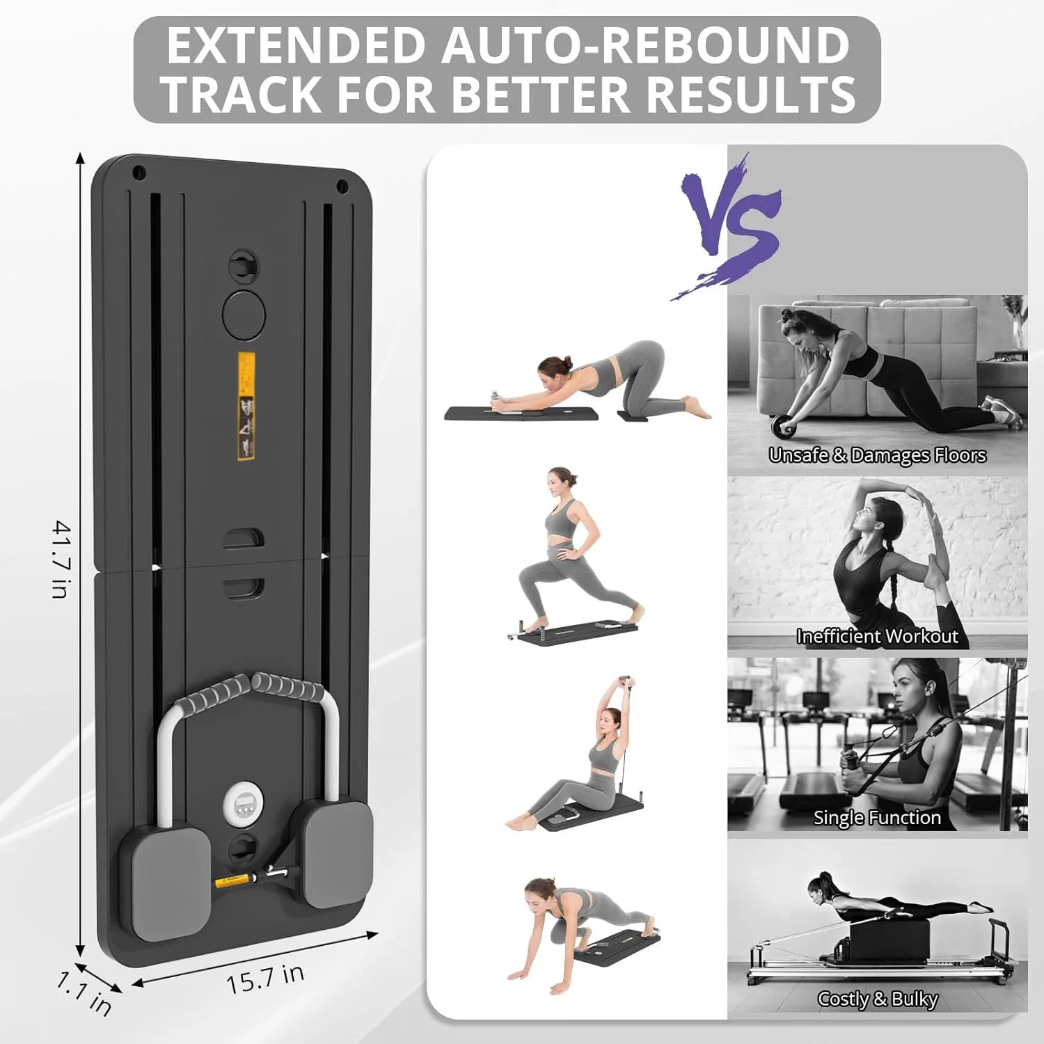 Pilates reformer with extended auto-rebound track feature, showing usage scenarios on a white background.