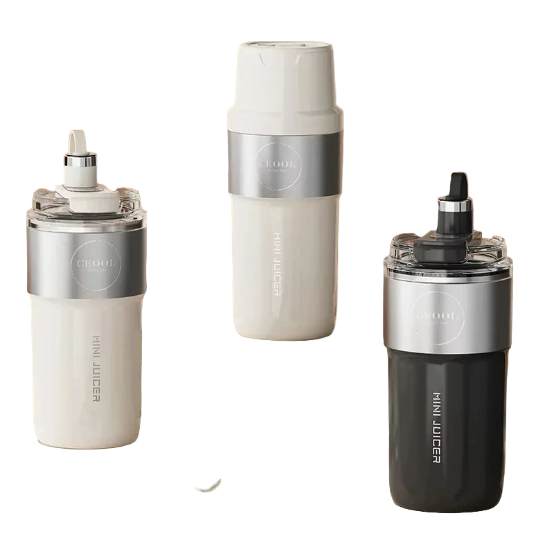 Three mini juicers in white, beige, and black on a neutral background