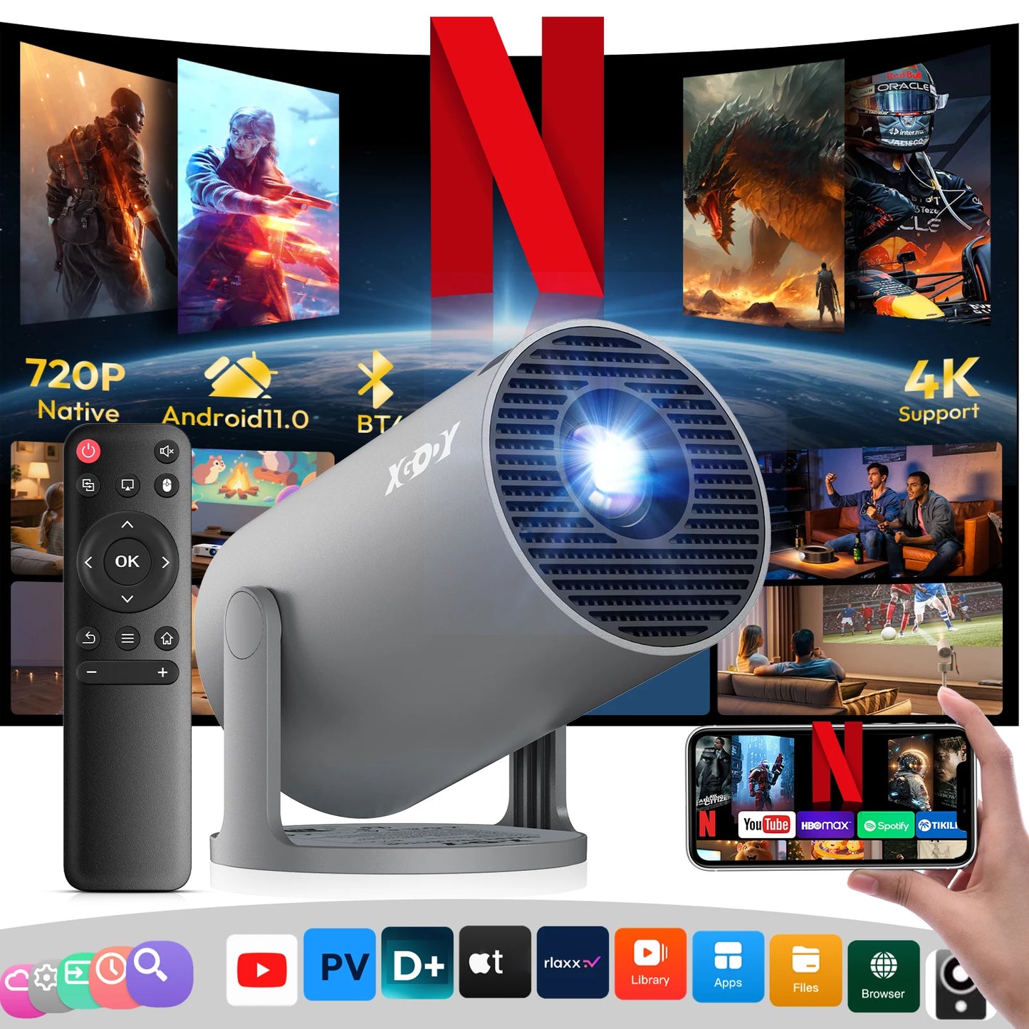 XGODY Smart Mini Projector with Android OS | Native 720P HD with 4K Input Support