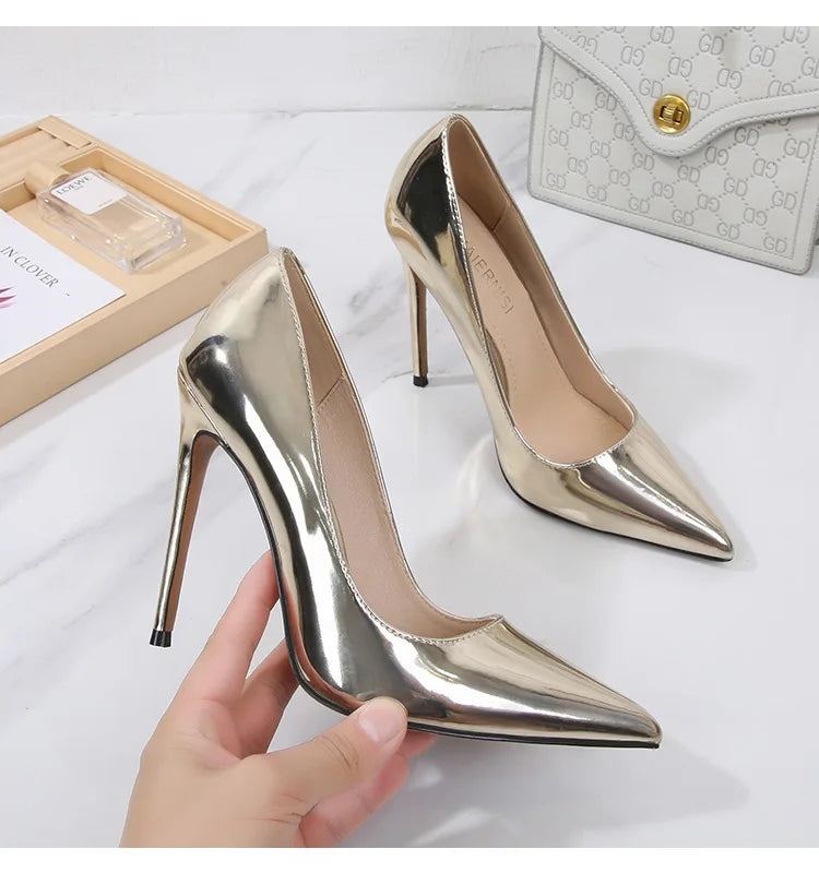 MAIERNISI Women's Elegant High Heel Pumps - 12cm Gold Pointed Toe Stilettos