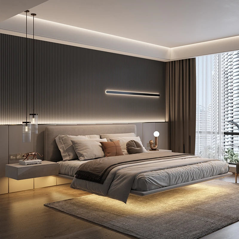 king size bedroom Suspended bed headboard twin wooden Technology cloth twin Double bed frames lamp cama matrimonial furniture