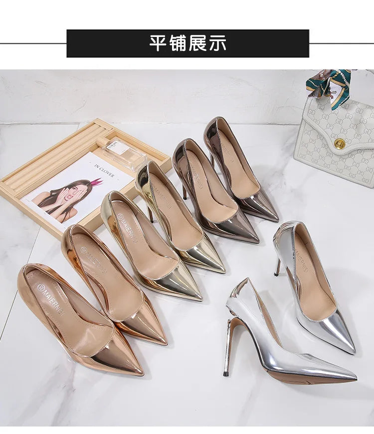 MAIERNISI Women's Elegant High Heel Pumps - 12cm Gold Pointed Toe Stilettos