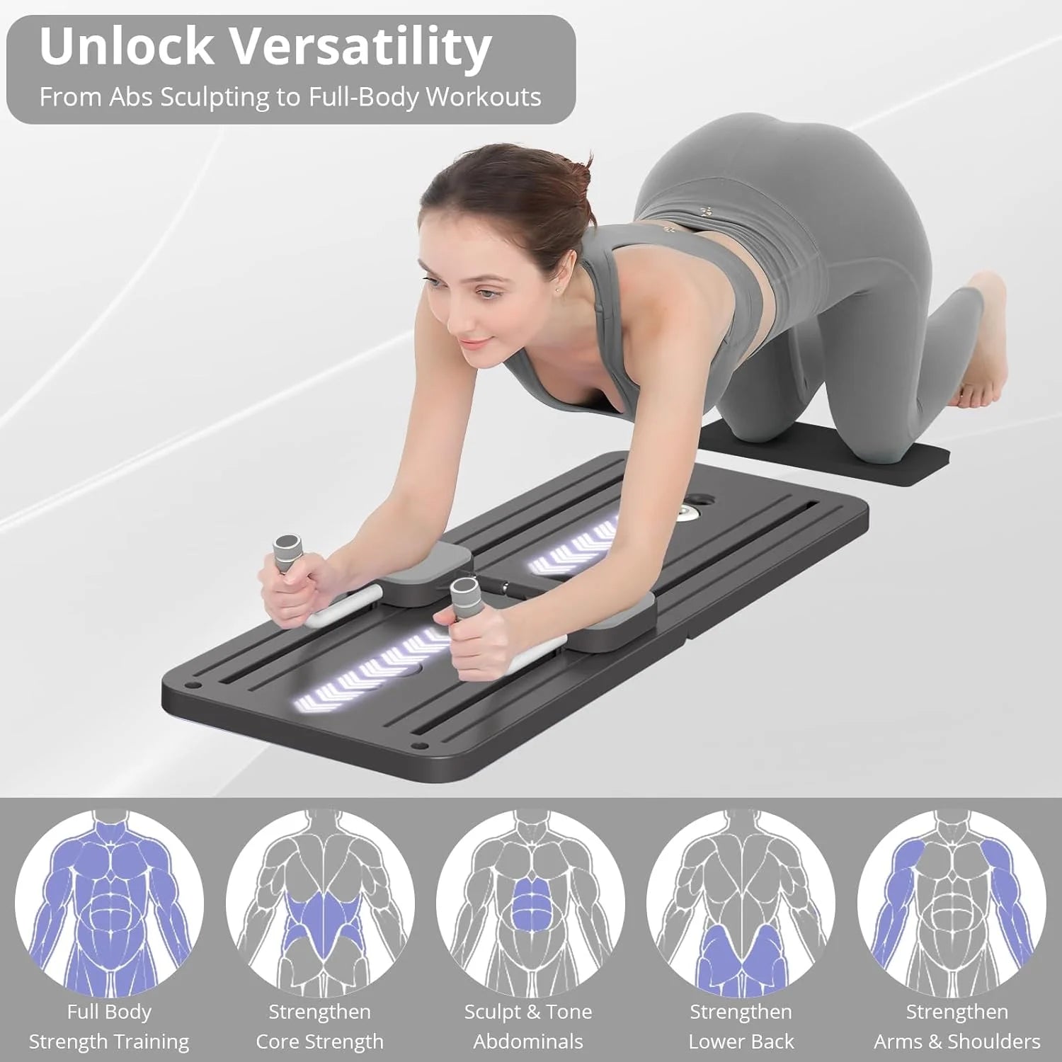 Woman using a fitness board for full-body workouts on a white background