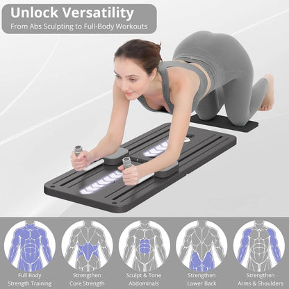 Woman using a fitness board for full-body workouts on a white background