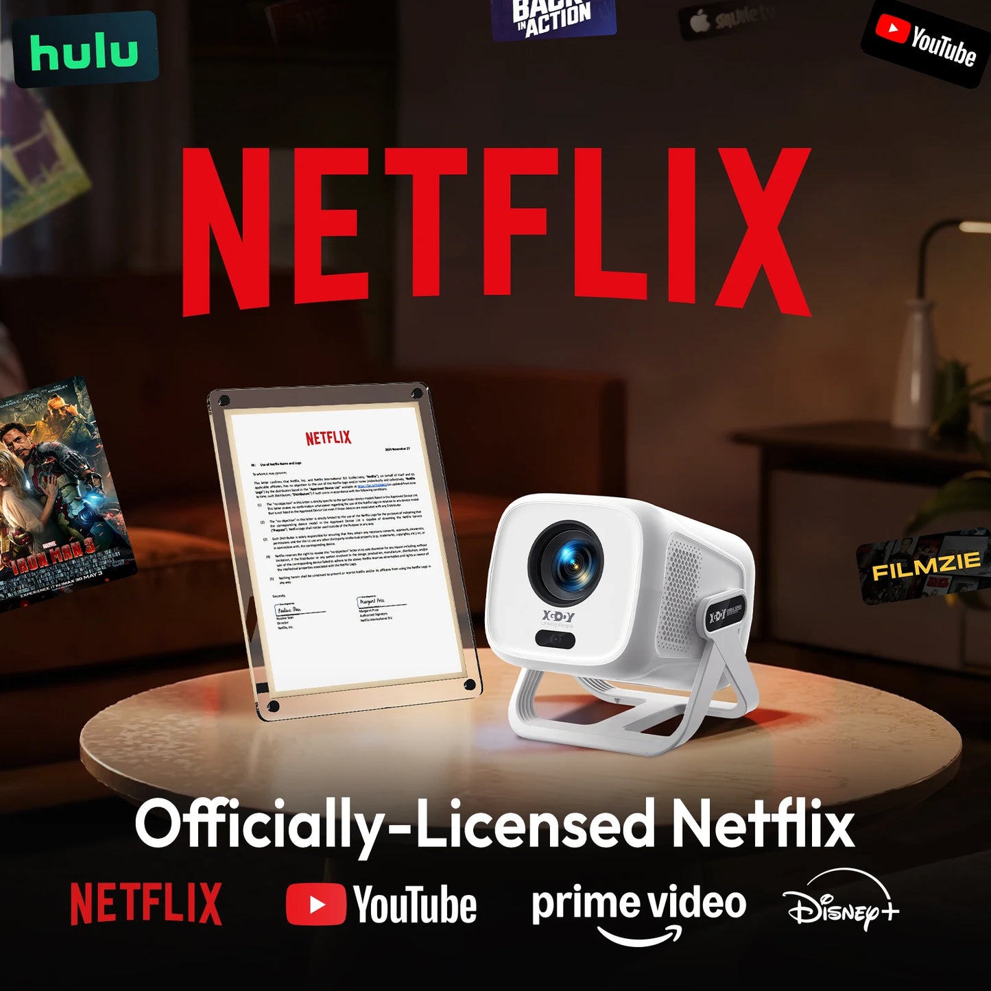 XGODY 1080P Smart Projector | Official Netflix, 440 ANSI, Auto Focus & Keystone