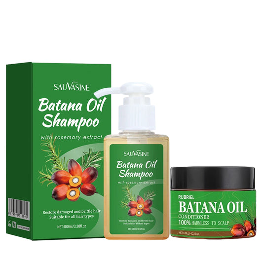 Sauvasine Batana Oil shampoo and conditioner set with green packaging on a white background