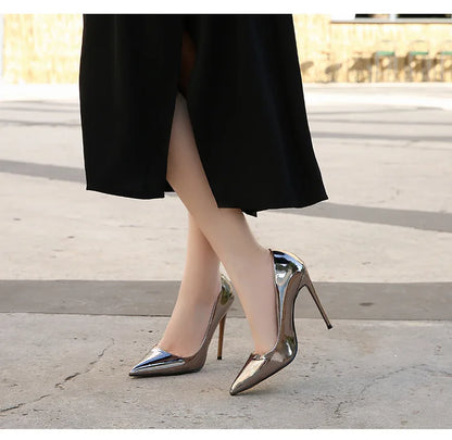 MAIERNISI Women's Elegant High Heel Pumps - 12cm Gold Pointed Toe Stilettos