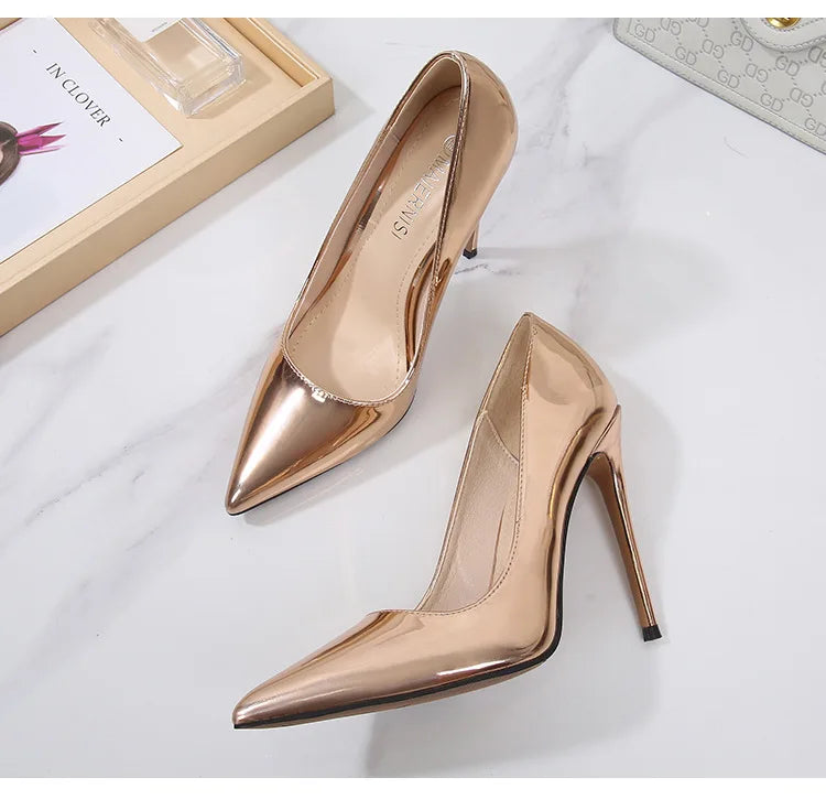 MAIERNISI Women's Elegant High Heel Pumps - 12cm Gold Pointed Toe Stilettos
