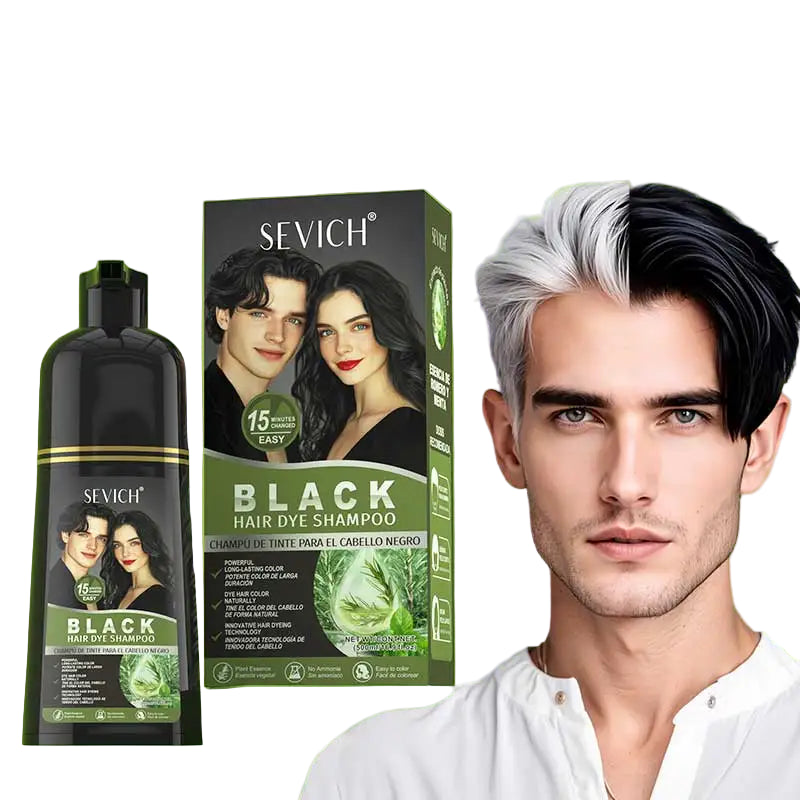 Sevich Black Hair Dye Shampoo with packaging and a model with dyed hair on a green background
