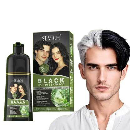 Sevich Black Hair Dye Shampoo with packaging and a model with dyed hair on a green background