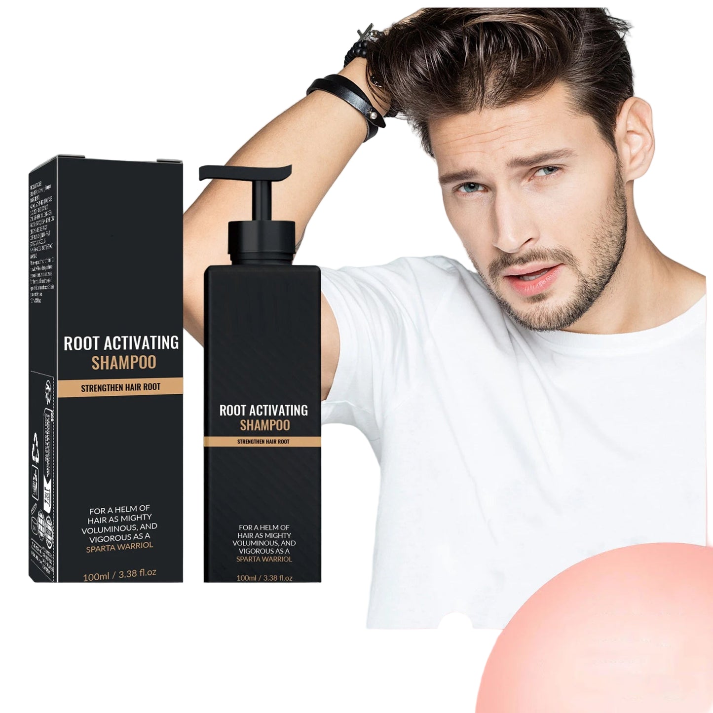 Man with styled hair holding a bottle of 'Root Activating Shampoo' with packaging displayed.