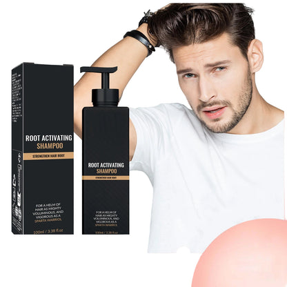 Man with styled hair holding a bottle of 'Root Activating Shampoo' with packaging displayed.