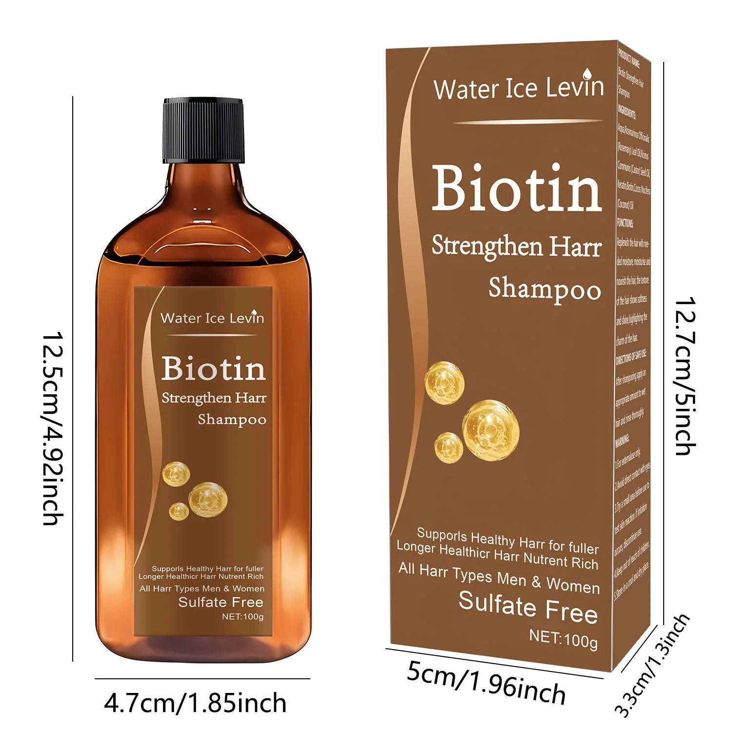 Biotin shampoo bottle and box with dimensions on a white background