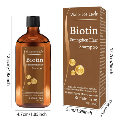 Biotin shampoo bottle and box with dimensions on a white background