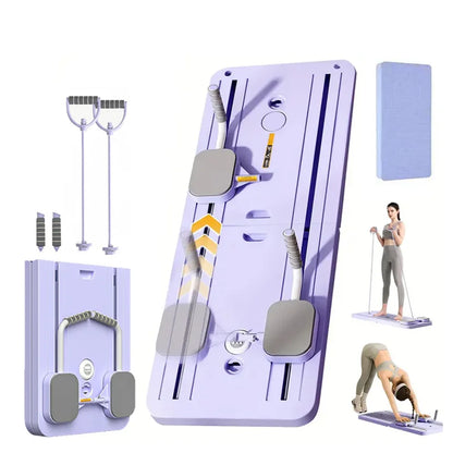 Purple wall-mounted fitness station with various exercise tools on a white background
