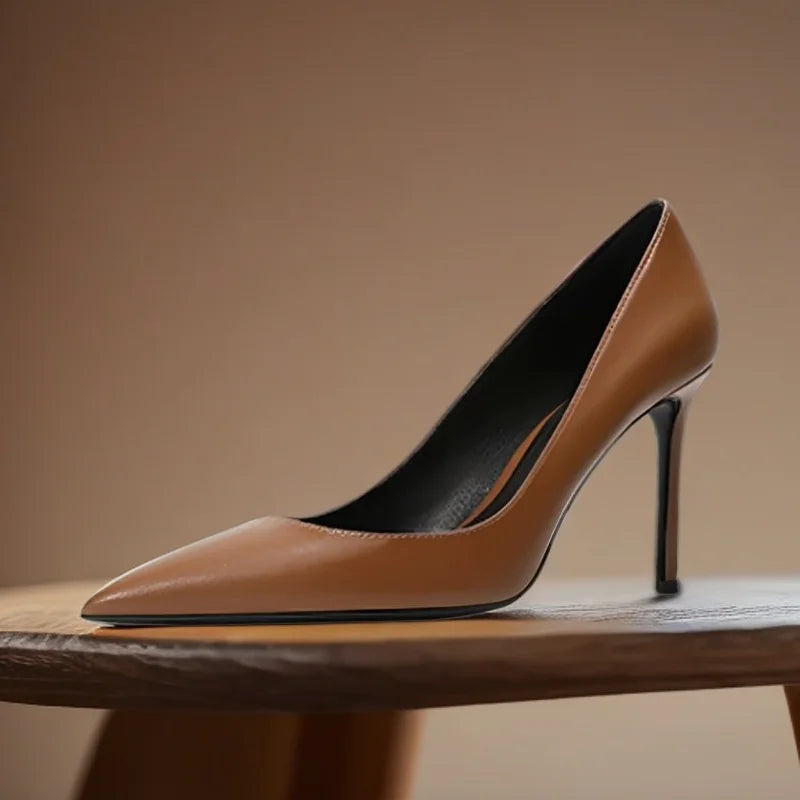 thin heels matte brown leather