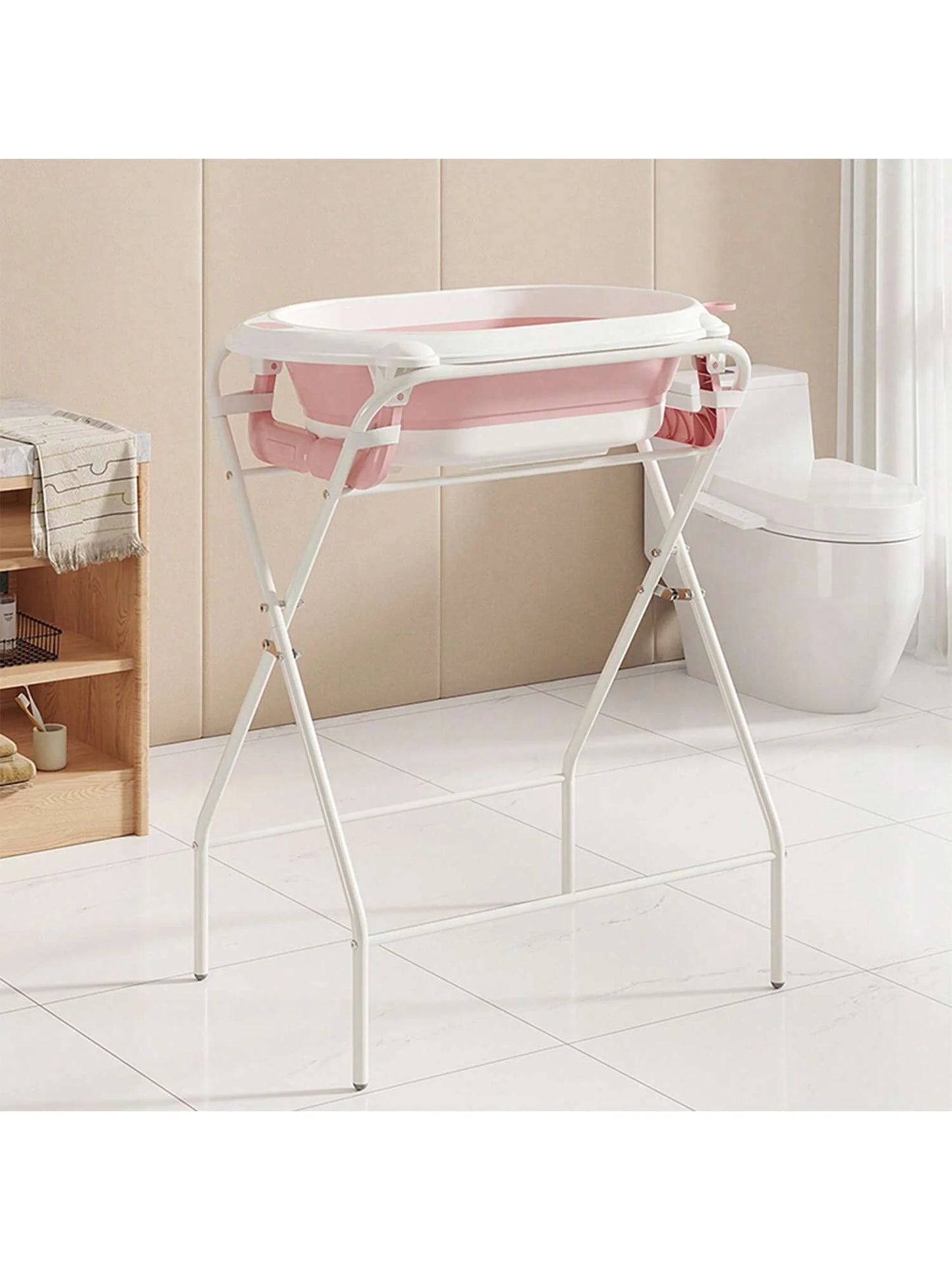 Baby Bath Tub with Stand (Foldable) – Thermometer, Ergonomic Cushion, Bath Pillow