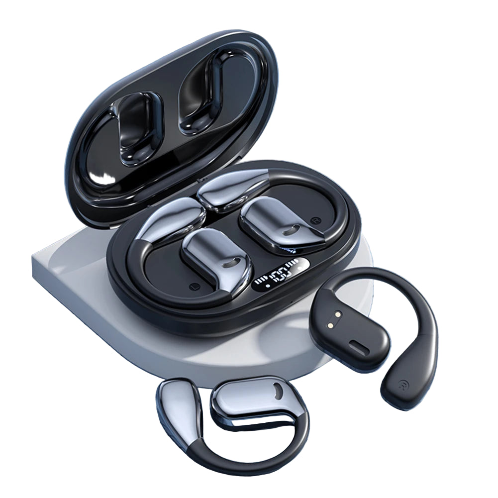 Wireless earbuds with charging case on a light blue surface