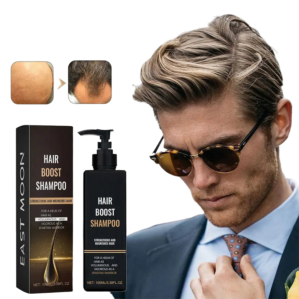 Hair Boost Shampoo packaging with a man adjusting his tie on a white background