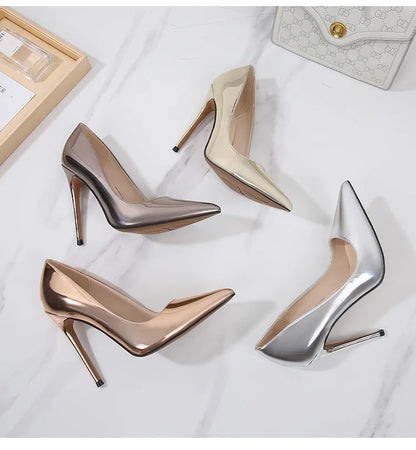 MAIERNISI Women's Elegant High Heel Pumps - 12cm Gold Pointed Toe Stilettos