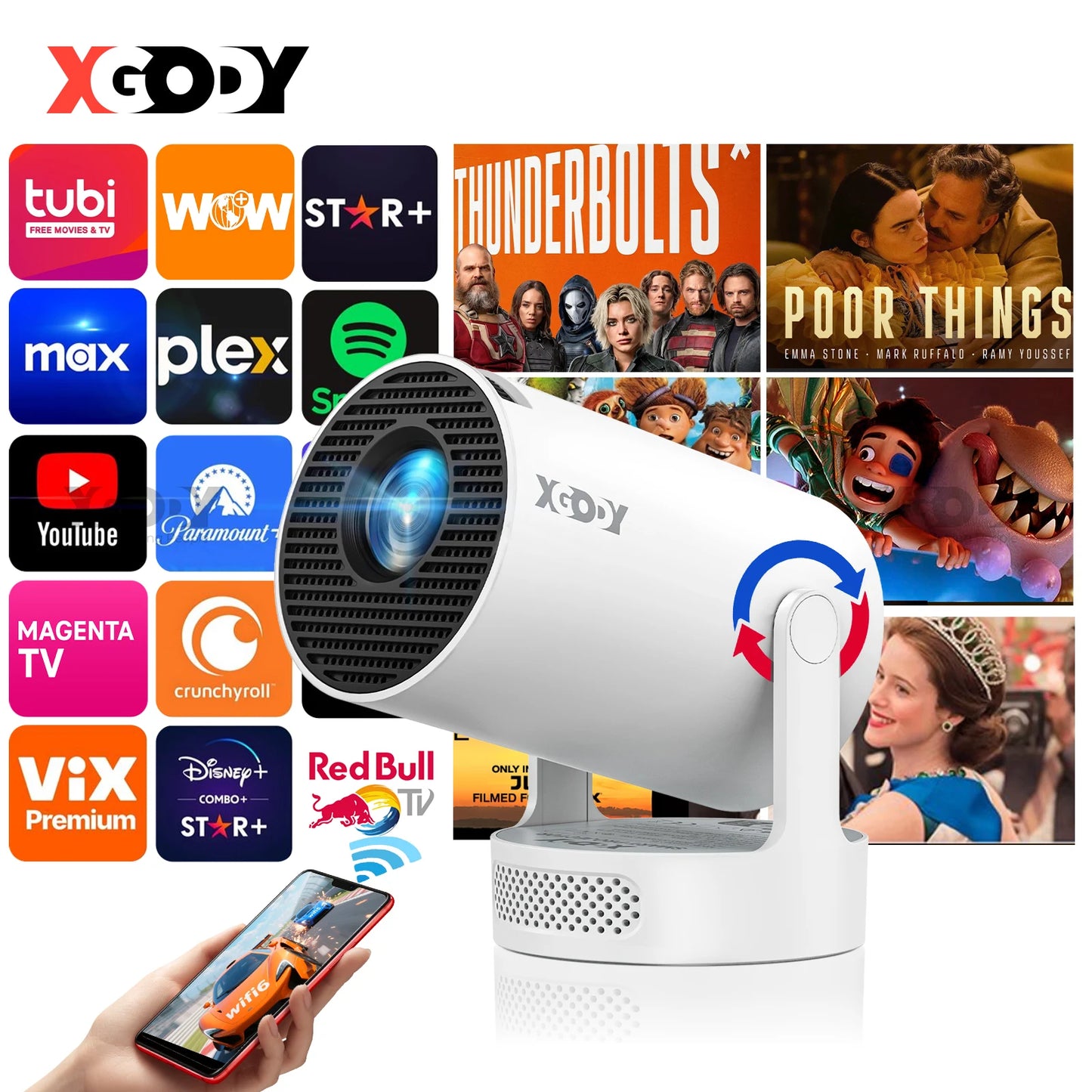 XGODY Gimbal 3S Short-Throw Projector | 720P HD, 250 ANSI Lumens, Android 11 with WiFi 6