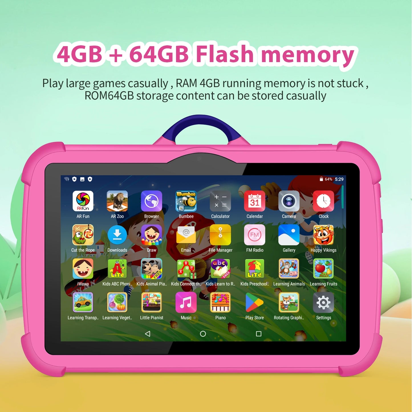 Cartoon Pattern Kids Tablet 7 Inch Quad Core 4GB RAM 64GB ROM Android