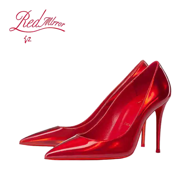 Shiny red high-heeled shoes on a white background with 'Red Mirror' branding.