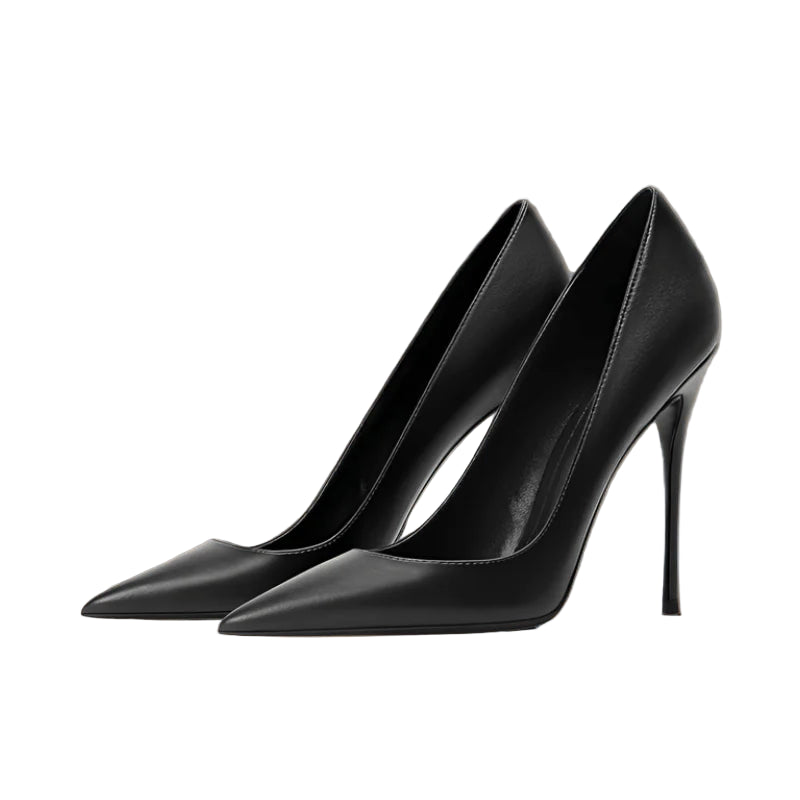 Black high-heeled shoes on a wooden stool with a neutral background